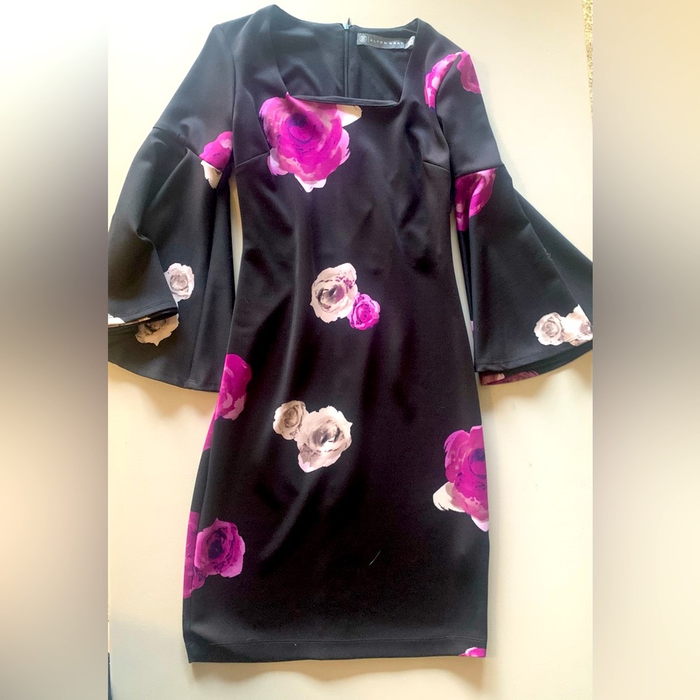 Alton Gray Square Neckline Floral Dress